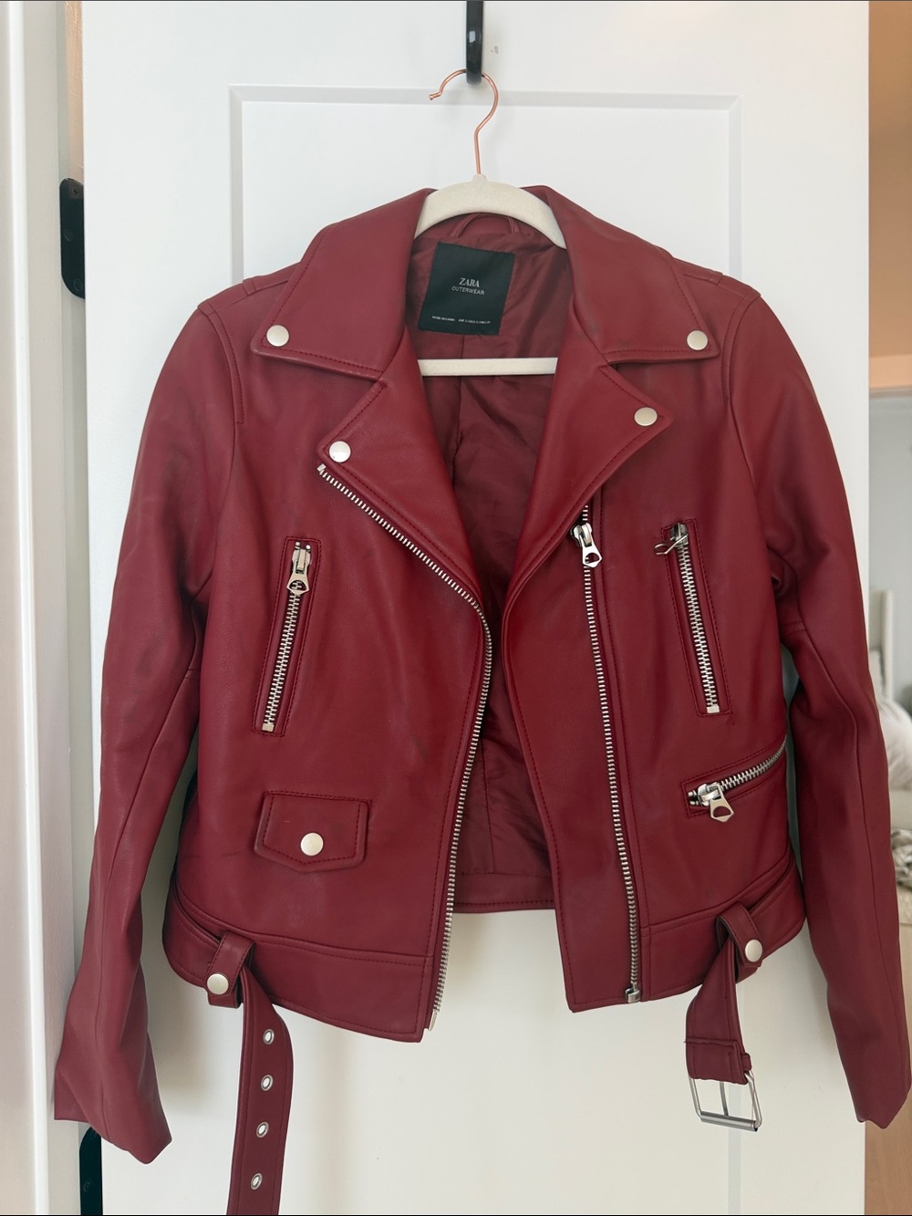 Zara Women's Burgundy Leather Moto Jacket with Silver Hardware
